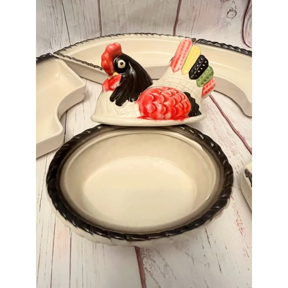 Vintage Lazy‎ Susan Red Rooster / Hen Metlox Poppytail Vtg Ceramic Relish Tray